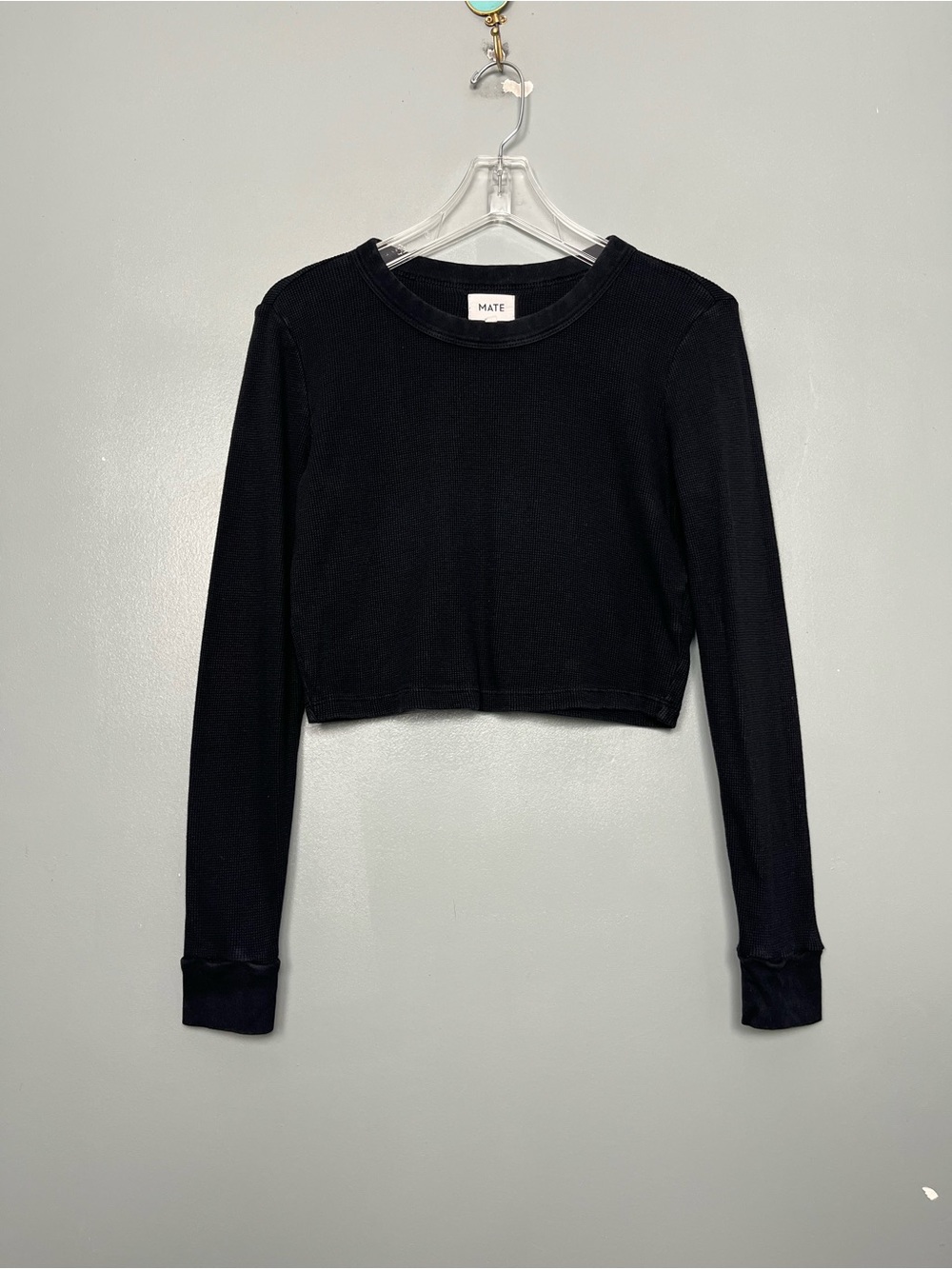 MATE the Label Organic Cotton Waffle Knit Black Long Sleeve Crop Top Size M
